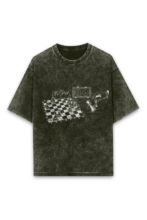 Acid-Washed Olive Green Chess-Themed Oversized T-Shirt | 100% Cotton