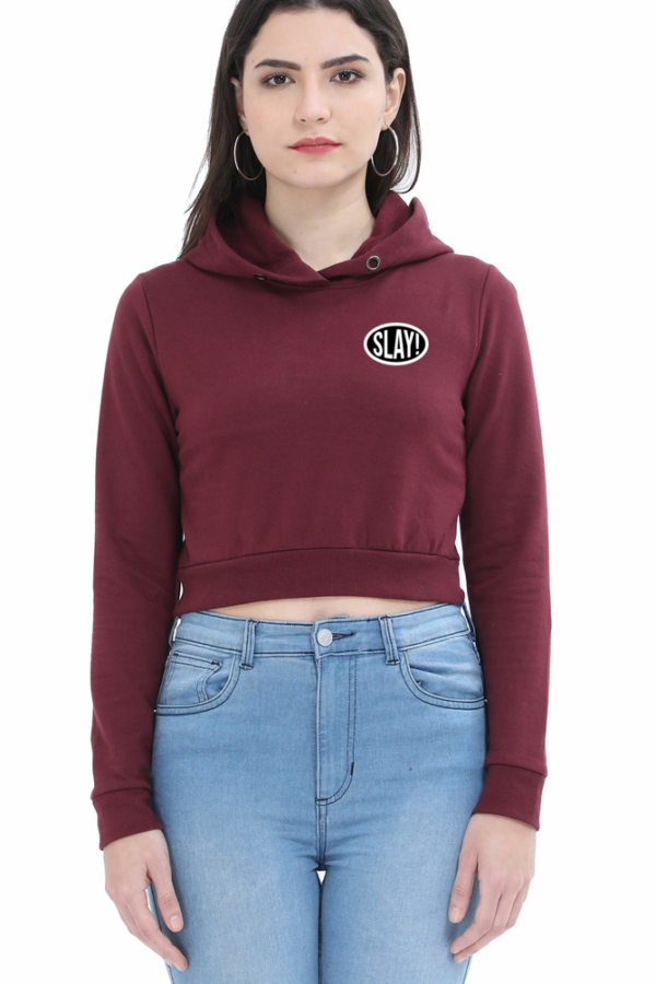 Maroon Slay Crop Hoodie for Women - 100% Cotton, Bio-Washed